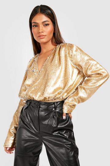 Gold Metallic Wrap Ruched Shoulder Sequin Bodysuit