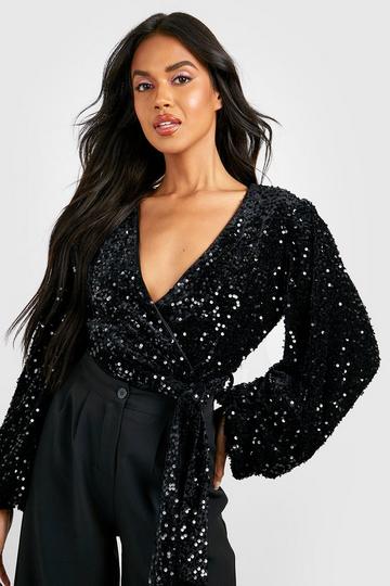 Volume Sleeve Velvet Sequin Bodysuit black