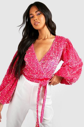 Pink Volume Sleeve Velvet Sequin Bodysuit