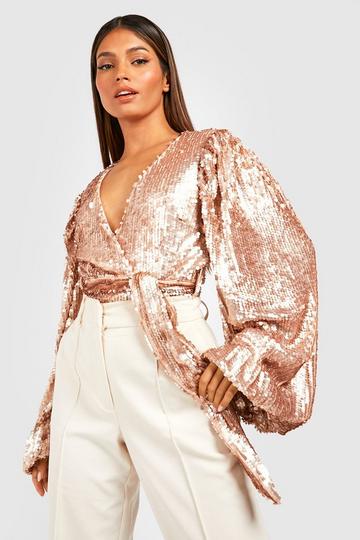 Gold Metallic Volume Wrap Sequin Bodysuit