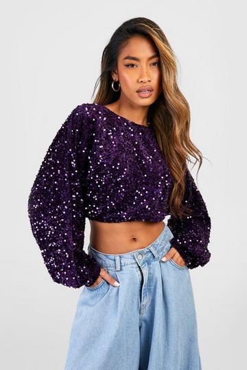 Balloon Sleeve Cut Out Back Sequin Top purple