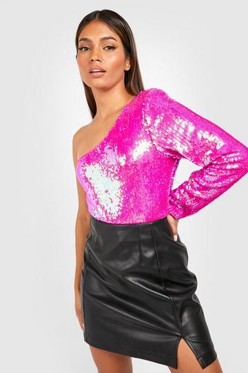 One Shoulder Sequin Bodysuit pink