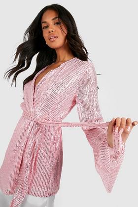 Women's Pink Sequin Wrap Balloon Sleeve Crop Top