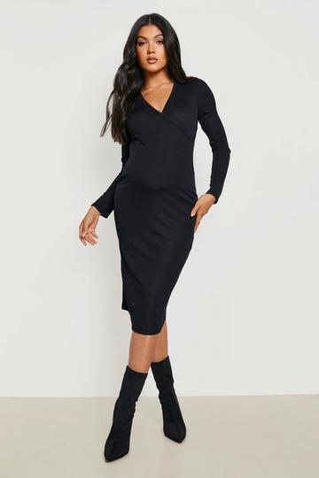Maternity Rib Wrap Midi Dress black