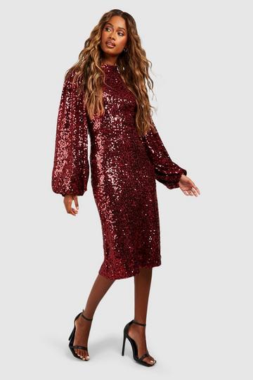 Sequin Blouson Sleeve Midi Party Dress berry