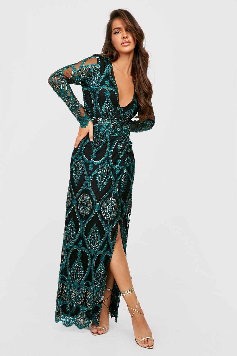 Emerald green wrap over long sleeve bardot maxi clearance dress