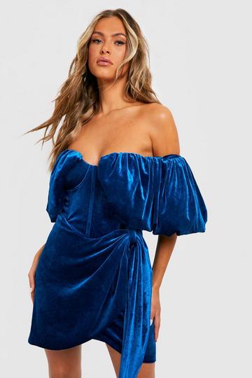Premium Velvet Draped Mini Party Dress blue