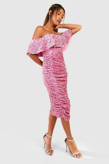 Sequin Off The Shoulder Midi Party Dress pink