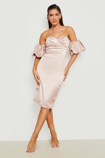 Champagne Beige Structured Satin Off The Shoulder Midi Dress