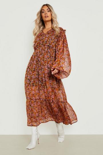 Plus Chiffon Floral Maxi Dress brown