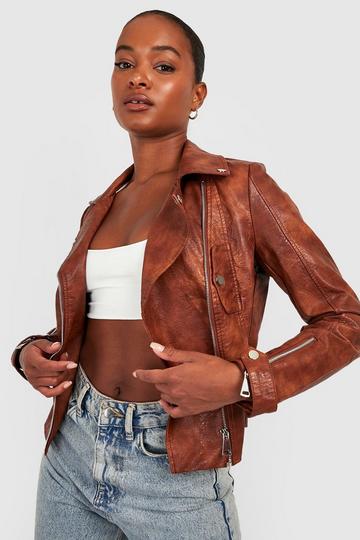 Brown Tall Belt Detail Faux Leather Biker Jacket
