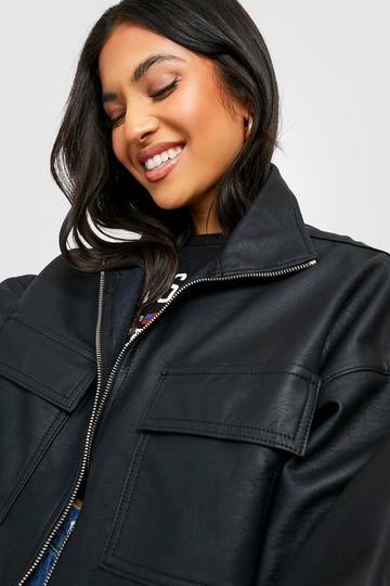 Black Petite Faux Leather Pu Utility Jacket