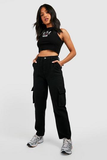 Petite Washed Loose Fit Cargo Jeans black