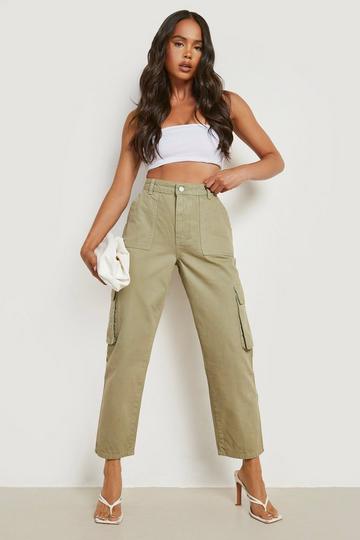 Petite Washed Loose Fit Cargo Jeans khaki