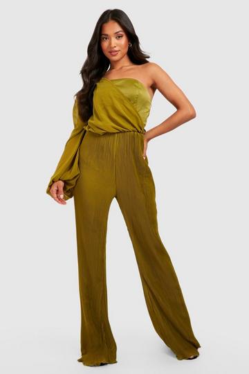 Petite One Shoulder Chiffon Plisse Jumpsuit olive