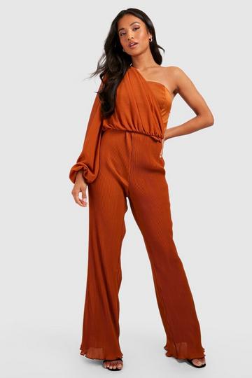 Petite One Shoulder Chiffon Plisse Jumpsuit rust