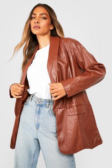 Brown Premium Leather Look Boyfriend Blazer