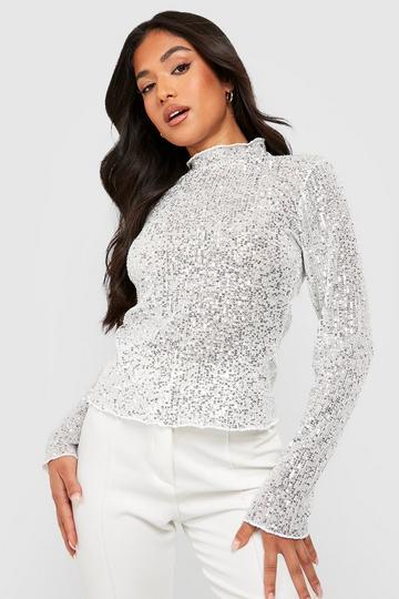 Petite Sequin High Neck Long Sleeved Top silver