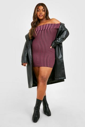 Plus Two-Tone Rib Off The Shoulder Sweater Dress pink