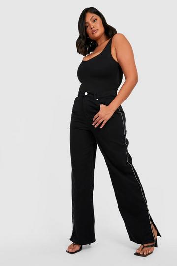 Plus Diamante Trim Split Slim Wide Leg Jean black