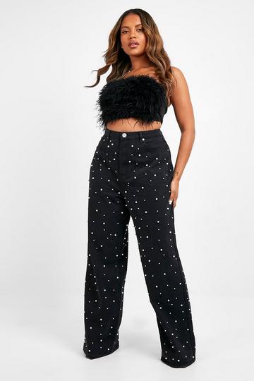 Plus Pearl Embellished Wide Leg Jean black
