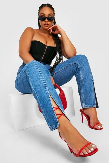Plus Seam Detail Split Hem Jean mid wash