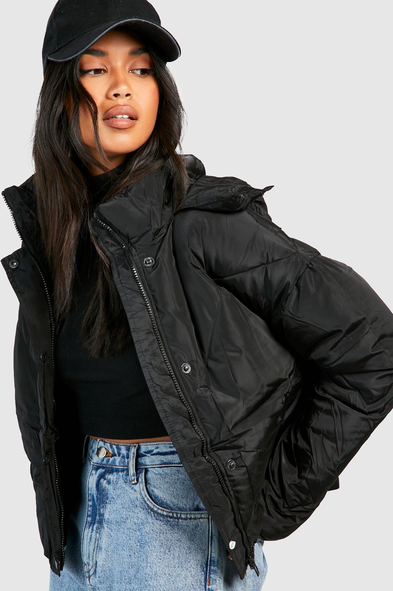 Boohoo crop hooded sale puffer jacket in black