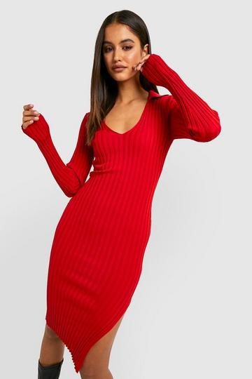 Two Tone Wide Rib Knitted Midaxi Dress red