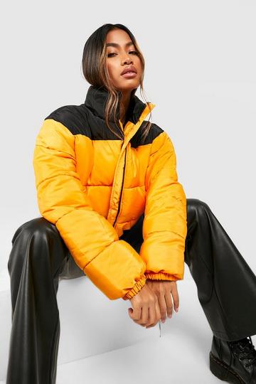 Yellow Colour Block Funnel Neck Puffer Jacket