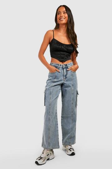 Petite Acid Wash Pocket Detail Cargo Jeans acid wash light blue