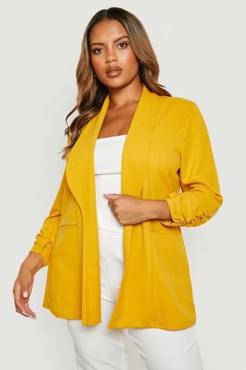 Yellow Plus Lapel Detail Ruched Sleeve Blazer
