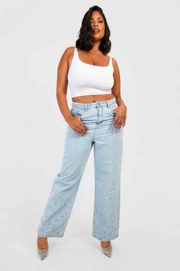 Plus Embellished Hem Wide Leg Jeans light wash