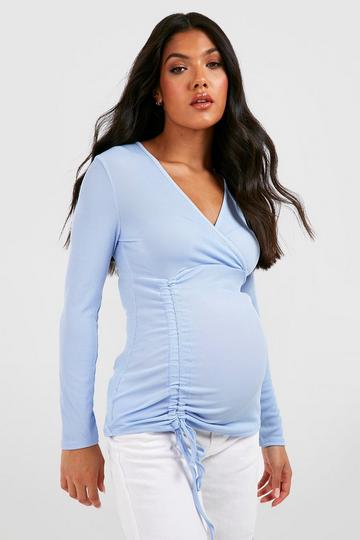 Maternity Rib Ruched Long Sleeve T-shirt blue