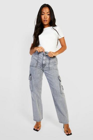 Petite Acid Wash Loose Cargo Jeans grey