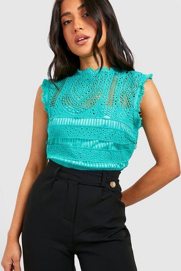 Petite Occasion Crochet Lace Bodysuit teal
