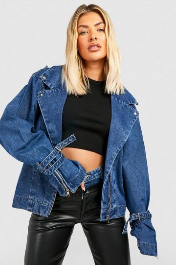 Blue Buckled Oversized Denim Biker Jacket