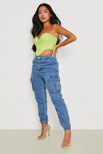 Petite Denim Pocket Cuffed Cargo Joggers mid blue