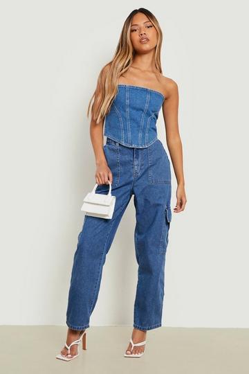 Petite Light Wash Loose Cargo Jeans mid wash
