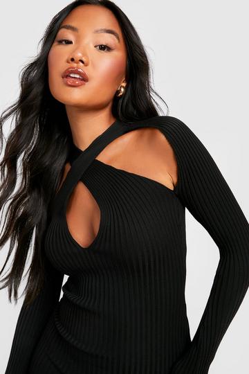 Petite Cut Out Long Sleeve Knitted Midi Dress black