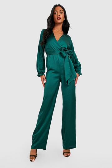 Emerald Green Tall Satin Wrap Belted Jumpsuit