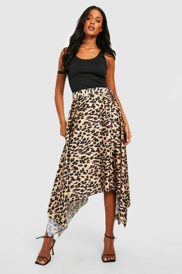 Tall Satin Leopard Print Hanky Hem Midi Skirt brown