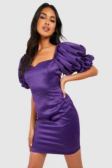 Purple Satin Puff Sleeve Mini Dress