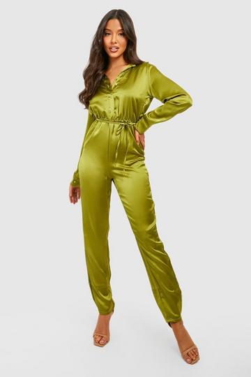 Yellow Satin Shirt Straight Leg Jumpsuit