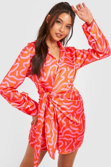 Abstract Wrap Shirt Dress red