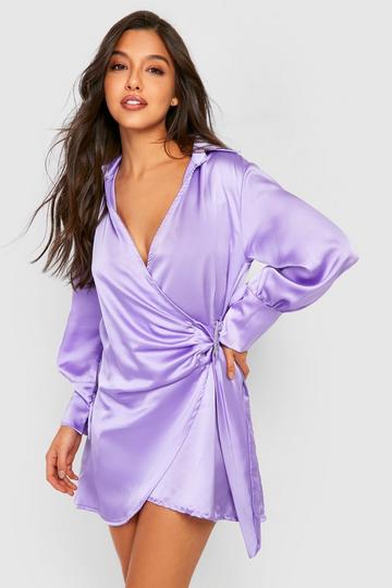 Lilac Purple Satin Buckle Detail Wrap Shirt Dress