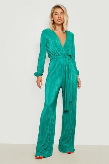 Plisse Plunge Wrap Jumpsuit green