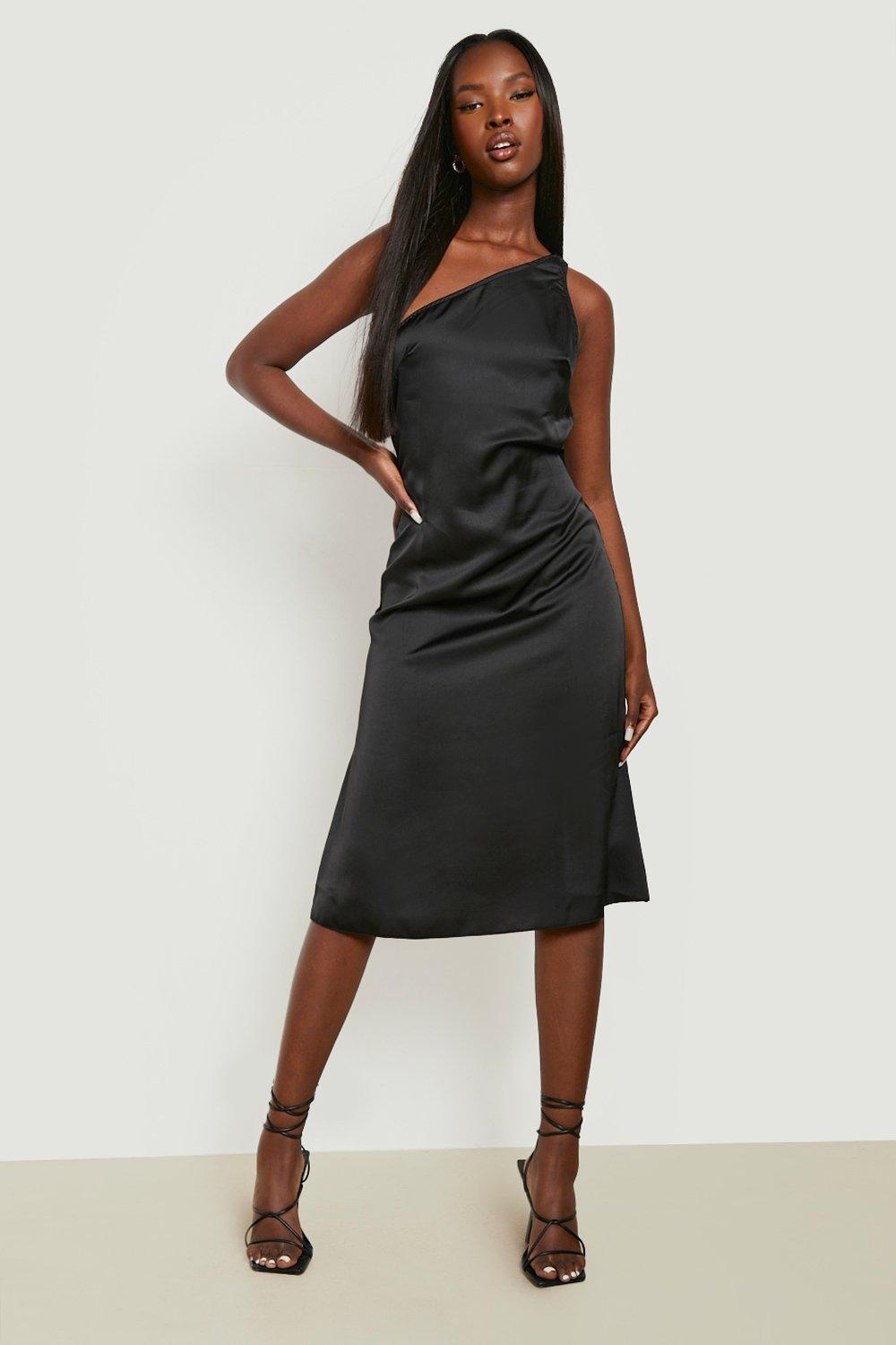 Black satin one sales shoulder dress