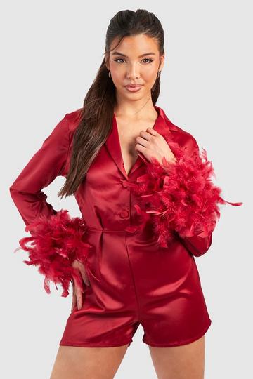 Feather Cuff Tailored Satin Playsuit berry