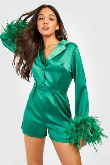 Feather Cuff Tailored Satin Playsuit emerald