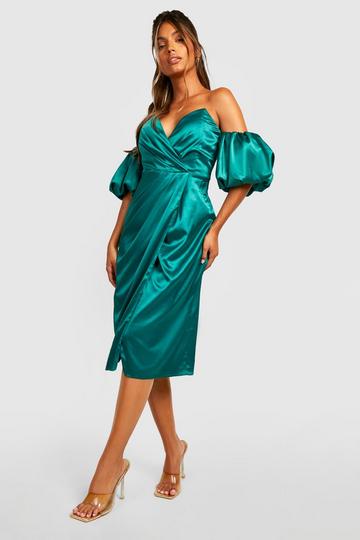 Satin Puff Sleeve Wrap Midi Dress emerald